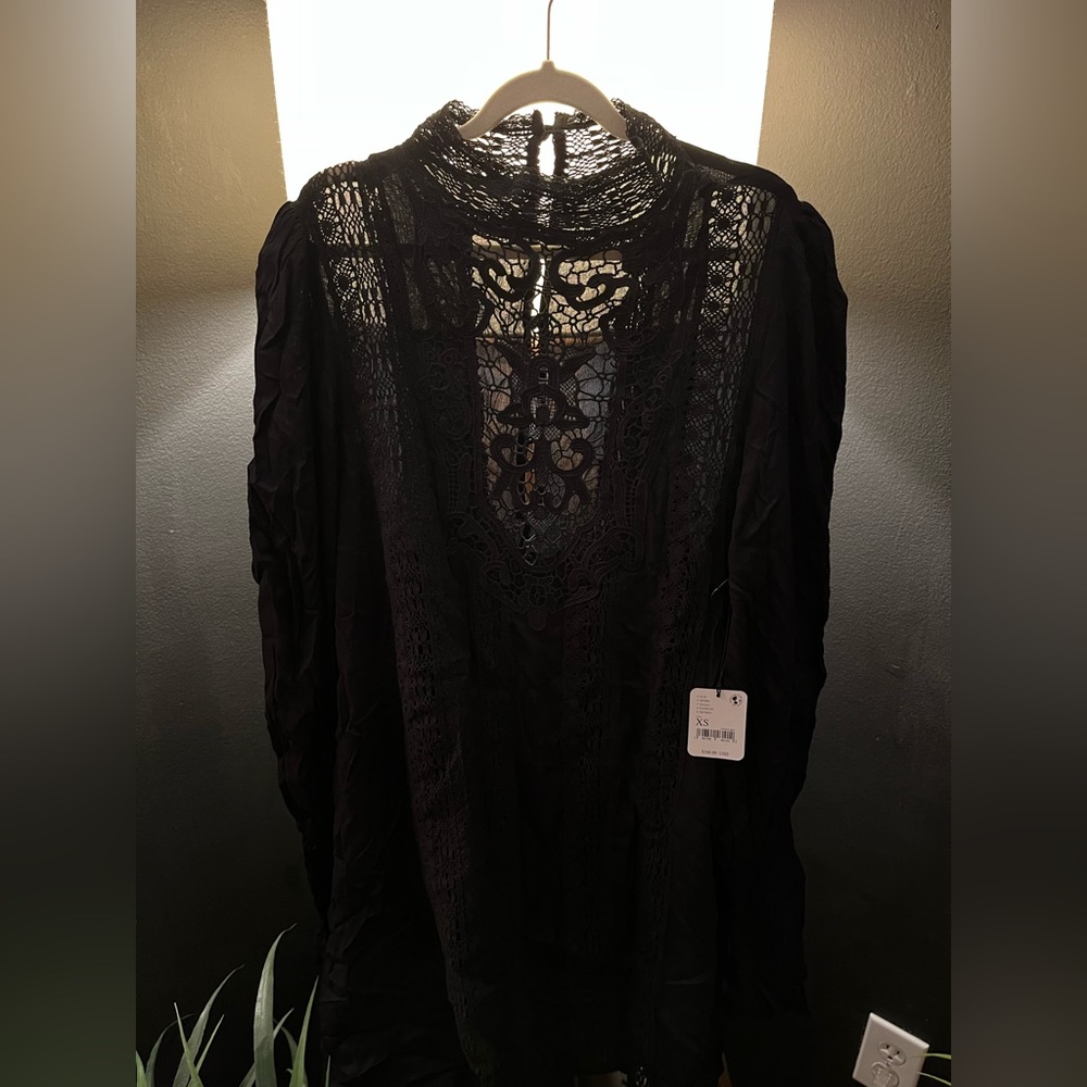 NWT FREE PEOPLE ONE Vienna Crochet Trim Mini Dress In Black MSRP $168 Size XS - Picture 4 of 8